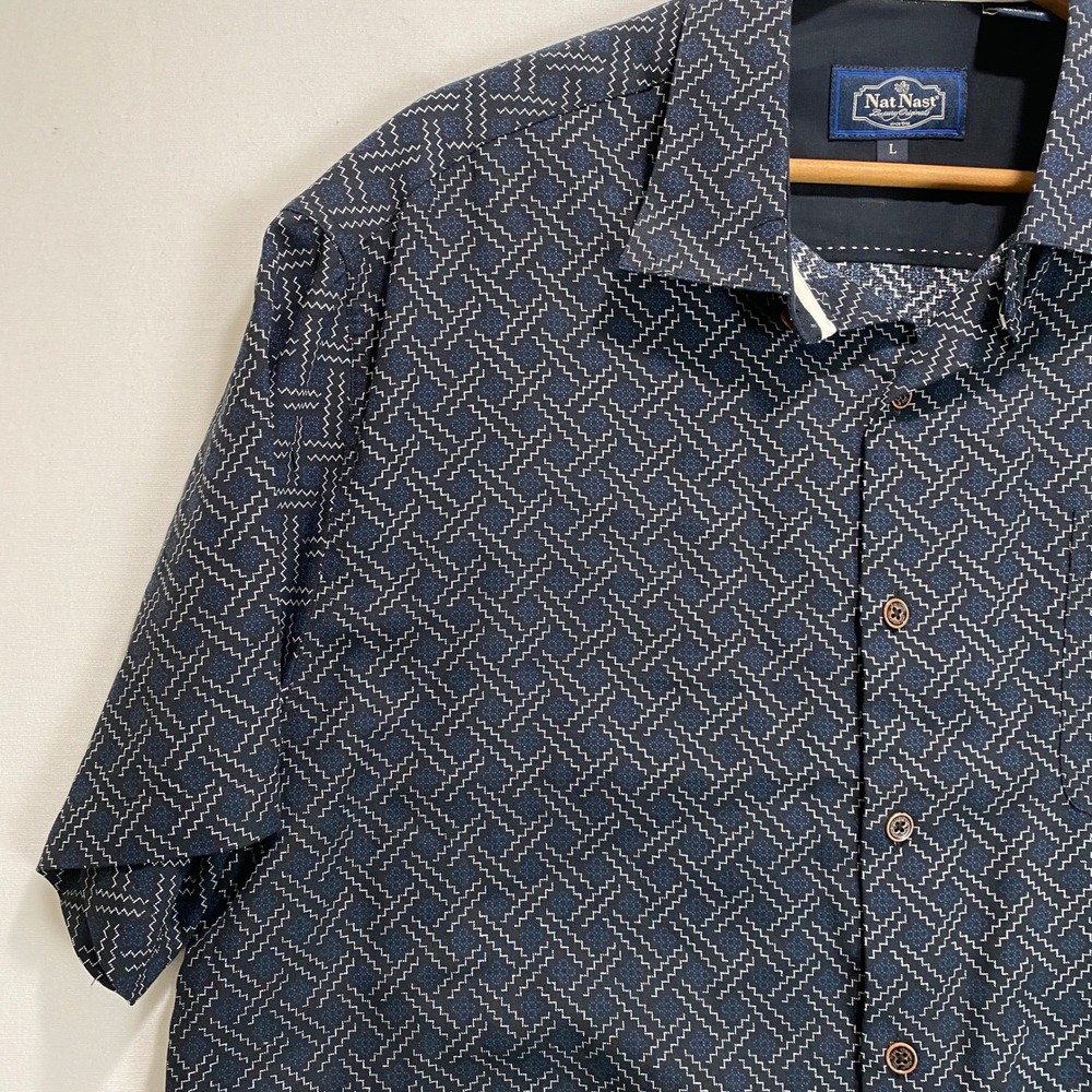 Nat Nast Mens Large Silk Cotton Geometric Print Short Sleeve Button Up Shirt - Picture 3 of 6